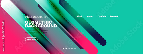 Dynamic geometric design. Vibrant colors blend, creating modern visual experience. Website header showcases text, navigation options.