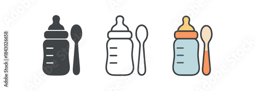 baby care icons one flat solid monochrome one thin black outline black and white one full color flat icon baby feeding bottle and spoon