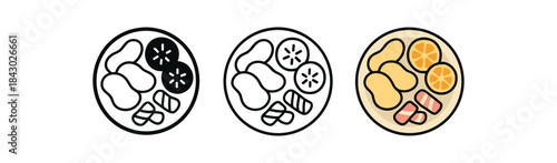 Flat vector illustration small party plates with snacks chips fruit and sweets soft rounded forms clean outline one black and white flat version one outline version one color version cozy