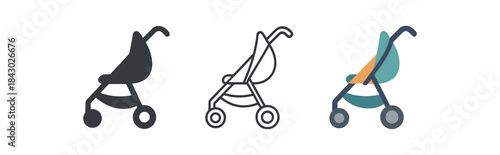 baby care icons one flat solid monochrome one thin black outline black and white one full color flat icon baby stroller folded
