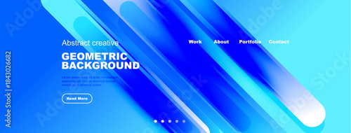 Bright blue abstract design. Geometric shapes overlap, creating dynamic visual effect. Text promotes work, portfolio, contact.