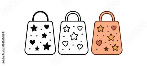Flat vector illustration party goodie bags with tiny stars hearts and dot patterns soft rounded forms clean outline one black and white flat version one outline version one color version