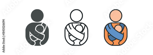 baby care icons one flat solid monochrome one thin black outline black and white one full color flat icon baby wrap carrier