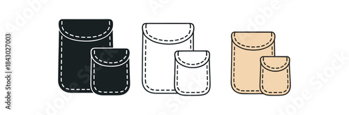 Flat vector illustration reusable snack pouches small medium and large with stitched edges soft rounded forms clean outline one black and white flat version one outline version one color