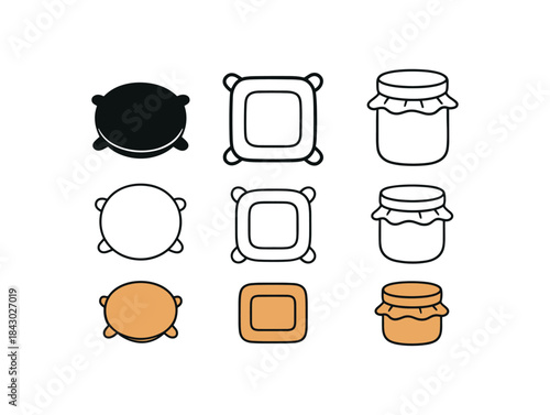 Flat vector illustration silicone food covers round lid lid and jar cover soft rounded silhouettes clean outline one black and white flat version one outline version one color version cozy