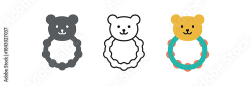 baby care icons one flat solid monochrome one thin black outline black and white one full color flat icon baby teether toy
