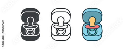 baby care icons one flat solid monochrome one thin black outline black and white one full color flat icon baby pacifier with case