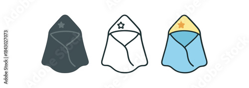 baby care icons one flat solid monochrome one thin black outline black and white one full color flat icon baby towel with hood