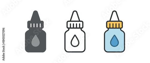 baby care icons one flat solid monochrome one thin black outline black and white one full color flat icon nasal drop bottle