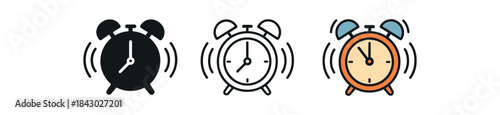 morning routine icons one flat solid monochrome one thin black outline black and white one full color flat icon alarm clock ringing