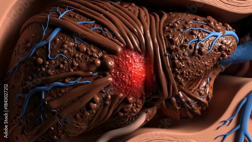 Close up animated progression of healthy liver to diseased liver with inflammation and damage