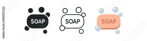 morning routine icons one flat solid monochrome one thin black outline black and white one full color flat icon soap bar with bubbles