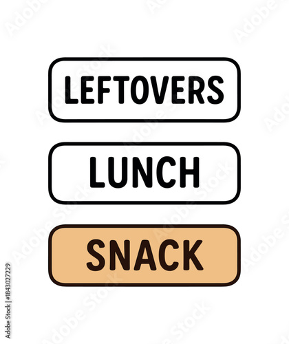 Flat vector illustration rectangular food storage labels leftovers lunch and snack soft rounded corners clean outline one black and white flat version one outline version one color version