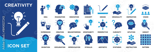 A vibrant creativity icon set featuring ideas, imagination, innovation, brainstorming, design, intuition, and artistic concepts in modern blue tones. easy to edit