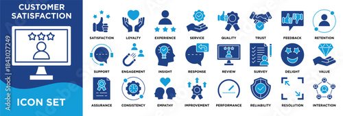 A customer satisfaction icon set featuring service, loyalty, feedback, trust, and experience. blue color vector