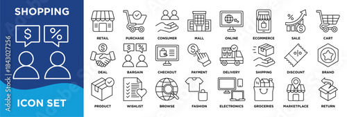 A clean shopping icon set featuring retail, ecommerce, checkout, payment, delivery, discounts, products, fashion, groceries, and marketplace. line vector easy to edit