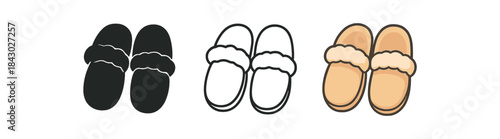 morning routine icons one flat solid monochrome one thin black outline black and white one full color flat icon cozy slippers pair