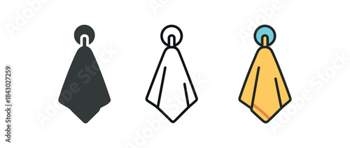 morning routine icons one flat solid monochrome one thin black outline black and white one full color flat icon towel hanging on hook