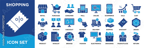 Blue shopping icon set with retail, ecommerce, payment, delivery, and product symbols for shoppers. illustration easy to edit