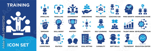 Training icon set featuring upskilling, learning, teamwork, coaching, talent growth, and education elements. vector blue