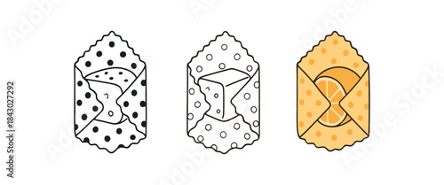 Flat vector illustration beeswax wraps folded around sandwich cheese and half fruit soft rounded forms clean outline one black and white flat version one outline version one color version