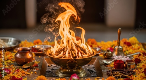 Sacred Flames Rise Above Elaborate Ritual Altar with Offerings and Incense Smoke