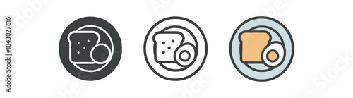 morning routine icons one flat solid monochrome one thin black outline black and white one full color flat icon plate with toast and egg
