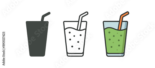 morning routine icons one flat solid monochrome one thin black outline black and white one full color flat icon smoothie glass with straw