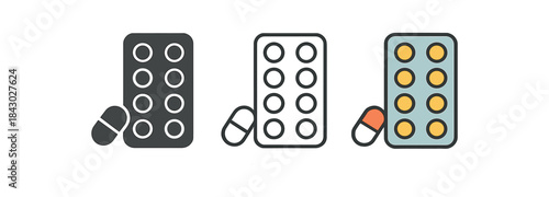 morning routine icons one flat solid monochrome one thin black outline black and white one full color flat icon vitamins blister pack