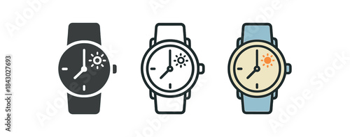 morning routine icons one flat solid monochrome one thin black outline black and white one full color flat icon simple watch showing morning time