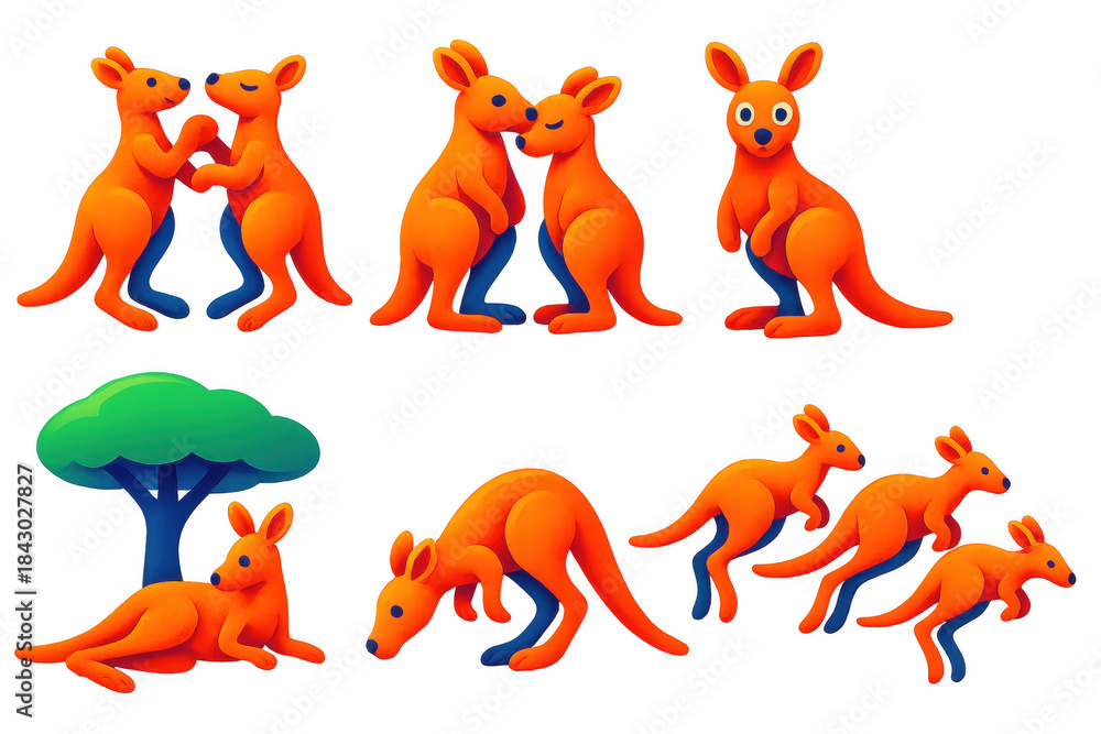 Fototapeta premium Kangaroo Icon Set. 3D icon set of kangaroo interactions: boxing kangaroos, grooming pair, curious stare, resting under shade,