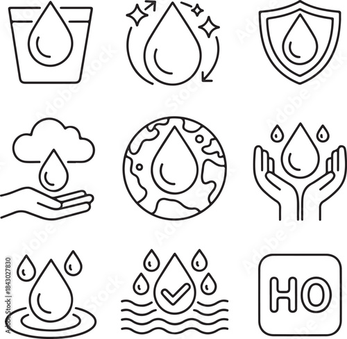 Water icon collection. Containing water supply, rain, drinking water, shower and tap water icon in graphic design.
