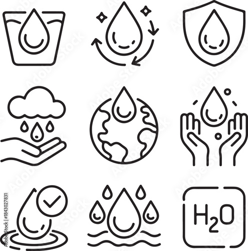 Water drops icon set. Editable vector pack of water line icons.
