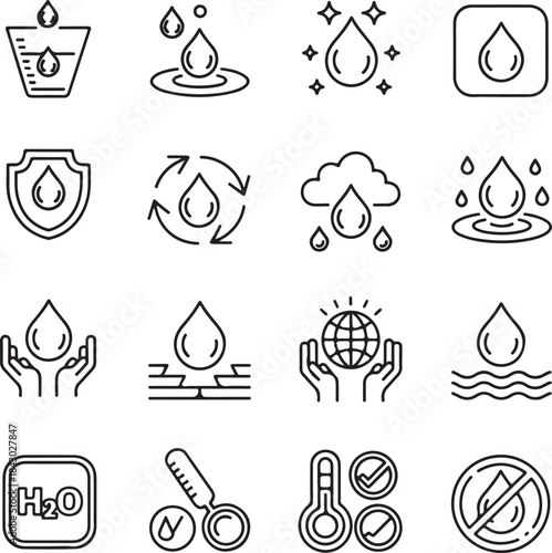 water linear icon collection real estate. Drop Water, Mineral Water, Low and High Tide, Shower, Plastic Bottle and Glass.
