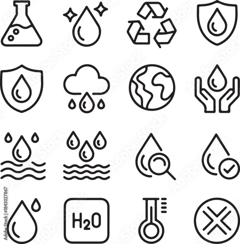 Water line and flat icons vector. Water with editable stroke. Water icon collection. Water drops, faucet, rain drops, globe, save, bottle, glass, puddle, cycle, washing hands, shower, wave
