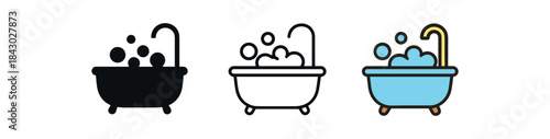 self care icons one flat solid monochrome one thin black outline black and white one full color flat icon bath tub with bubbles