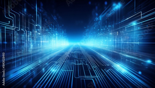 Wallpaper Mural blue glowing light trails and bokeh over circuit board abstract data transmission network line digital technology background Torontodigital.ca