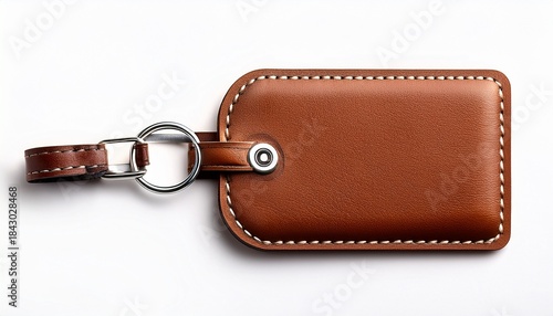 brown leather luggage tag with metal ring and stitching detail on white background