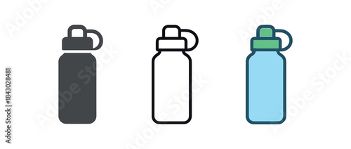 healthy lifestyle icons one flat solid monochrome one thin black outline black and white one full color flat icon reusable water bottle