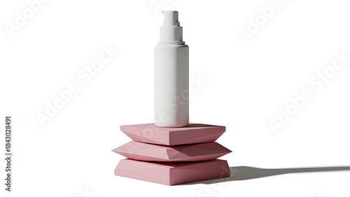 Minimalist white cosmetic dropper bottle mockup on pink geometric stack or podium, skincare product, beauty, serum, presentation, 3D render