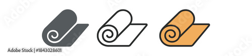 healthy lifestyle icons one flat solid monochrome one thin black outline black and white one full color flat icon rolled yoga towel