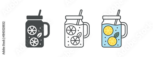 healthy lifestyle icons one flat solid monochrome one thin black outline black and white one full color flat icon glass of infused water