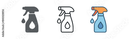 home cleaning icons one flat solid monochrome one thin black outline black and white one full color flat icon spray bottle with droplet