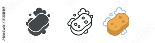 home cleaning icons one flat solid monochrome one thin black outline black and white one full color flat icon sponge with foam