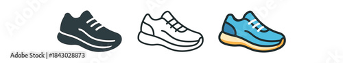 healthy lifestyle icons one flat solid monochrome one thin black outline black and white one full color flat icon walking shoes pair