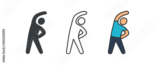 healthy lifestyle icons one flat solid monochrome one thin black outline black and white one full color flat icon stretching silhouette