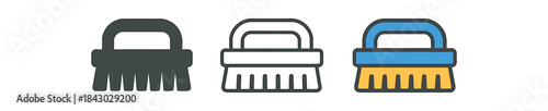 home cleaning icons one flat solid monochrome one thin black outline black and white one full color flat icon scrub brush with handle