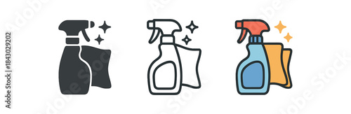 home cleaning icons one flat solid monochrome one thin black outline black and white one full color flat icon spray bottle and cloth