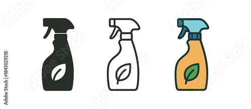 home cleaning icons one flat solid monochrome one thin black outline black and white one full color flat icon eco cleaning bottle leaf symbol