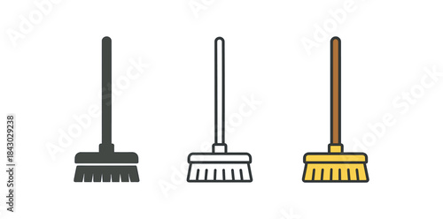 home cleaning icons one flat solid monochrome one thin black outline black and white one full color flat icon floor brush long handle